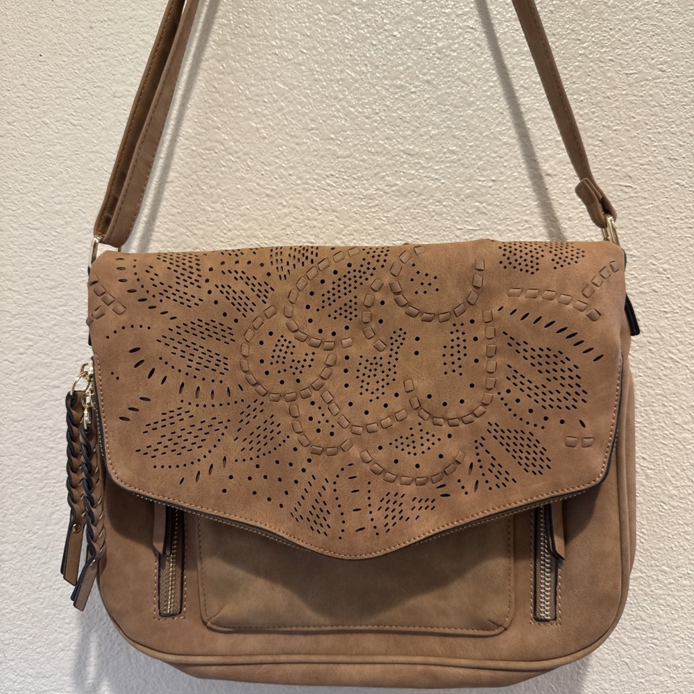 Satchel Messenger Crossbody Bag Faux Suede Camel Brown Embellished Stow In Flap